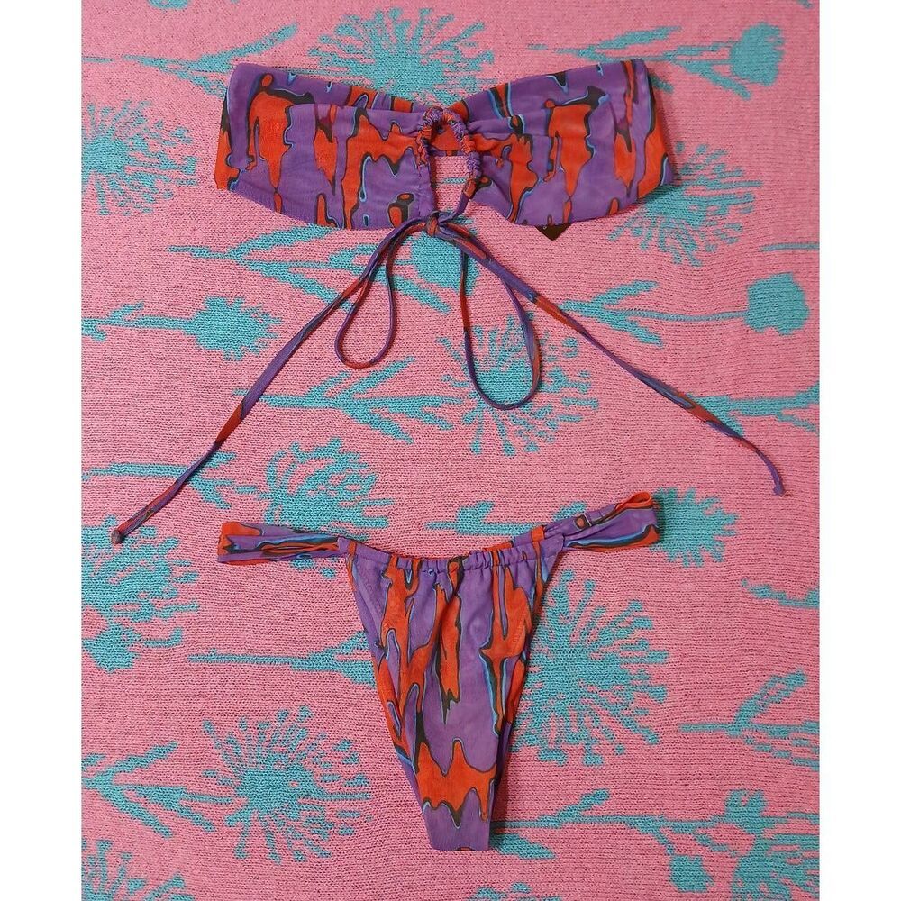 Gonza womens xsmall red purple cheeky bikini swimsuit top piece tule mesh
